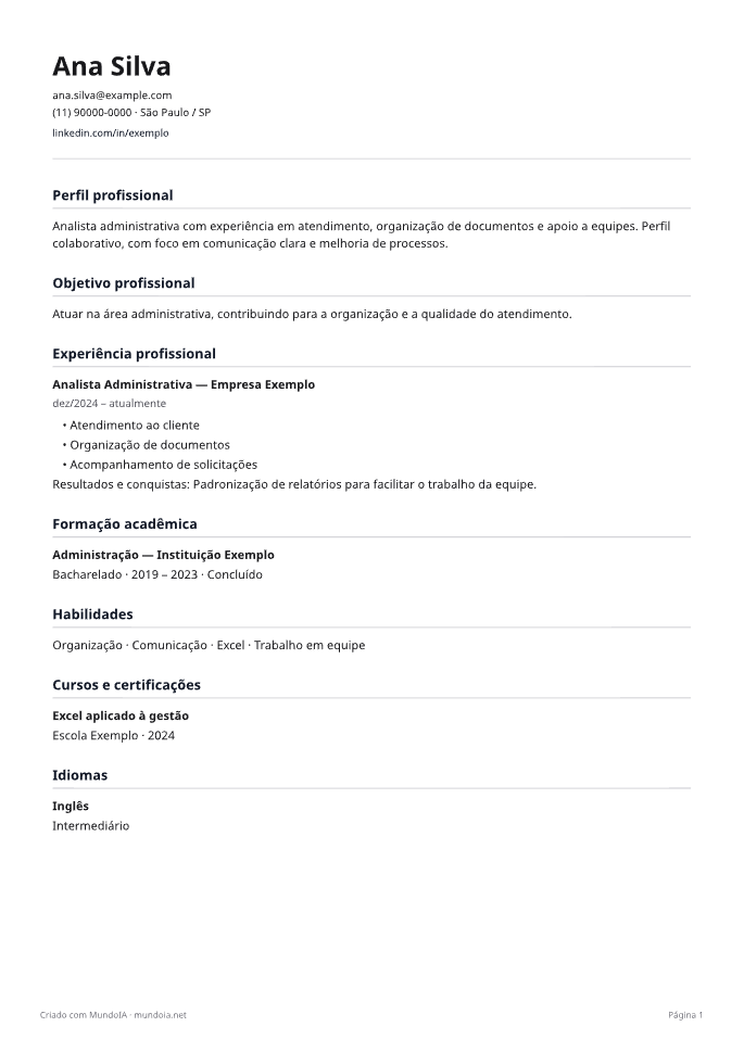 Exemplo fictício do modelo ATS Simples, com cabeçalho, experiência, formação e habilidades