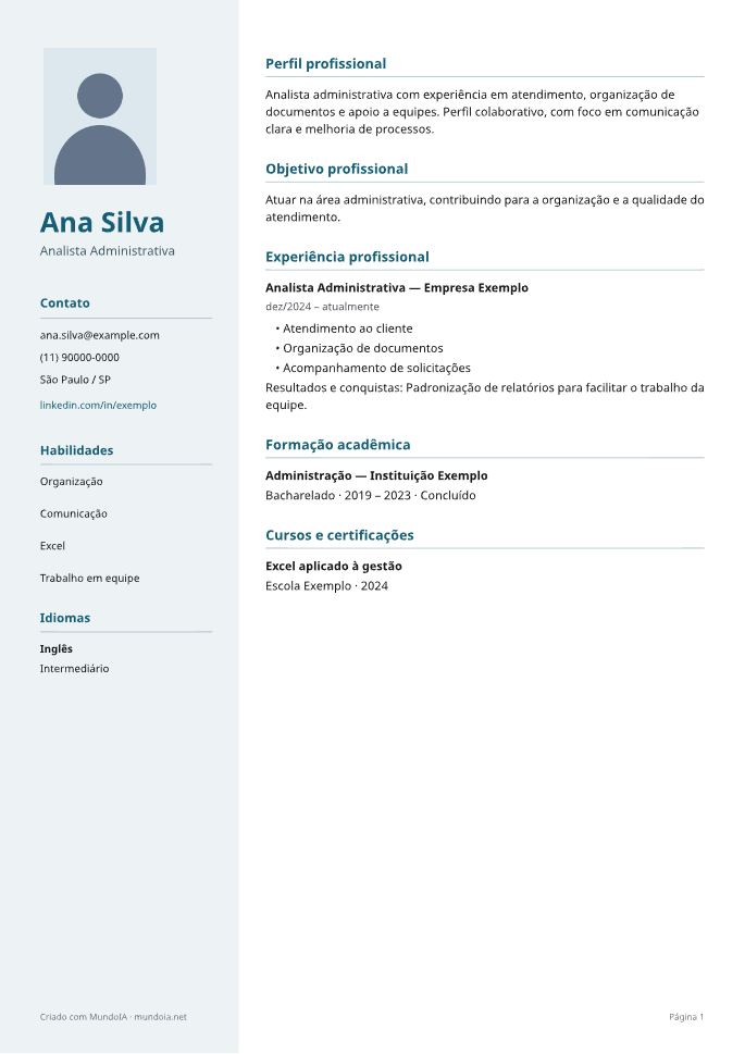 Exemplo fictício do modelo Moderno, com cabeçalho, experiência, formação e habilidades